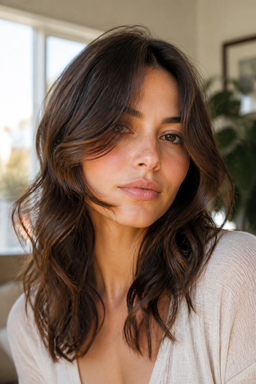 Real woman with lip-length swoop bangs and soft split in close-up portrait