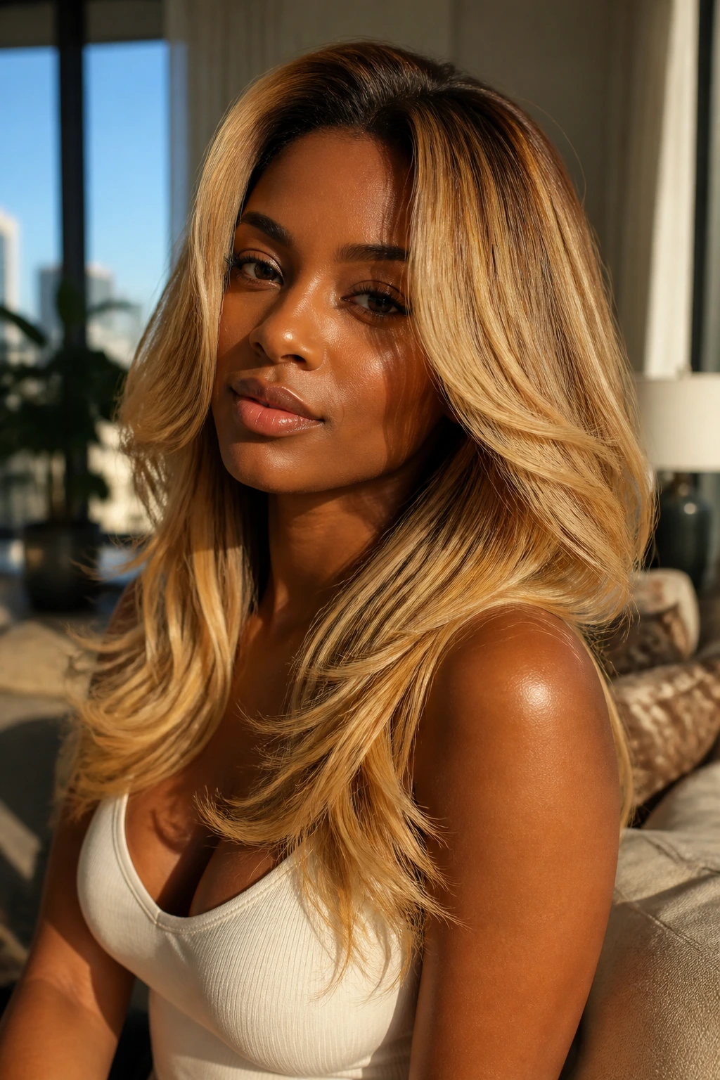 Close-up portrait of a person with glossy liquid gold layered hair, root depth and warm midtones