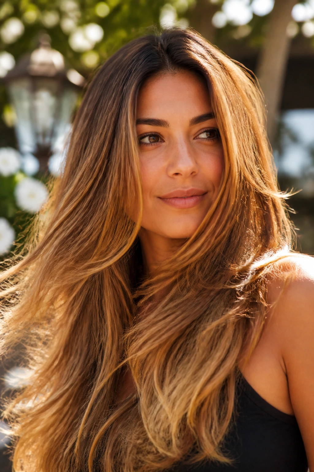 Close-up of a real woman with Liquid Honey Layers catching sunlight