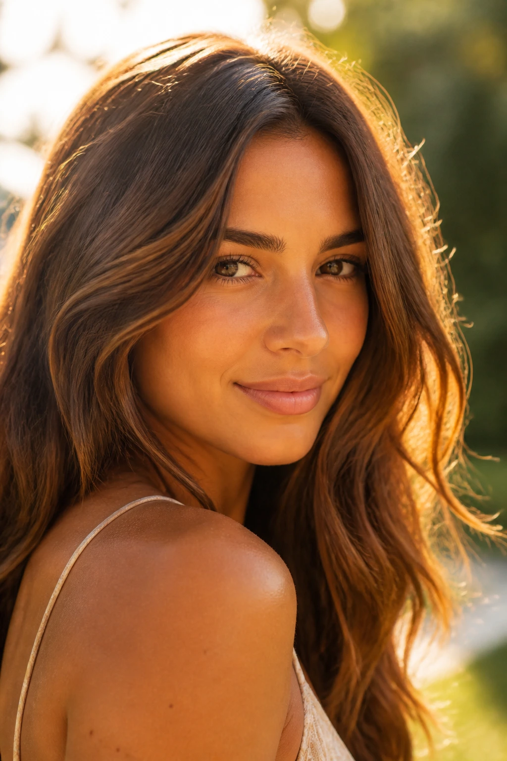 Close-up portrait of a luminous chestnut brunette with a loose bend in golden hour light