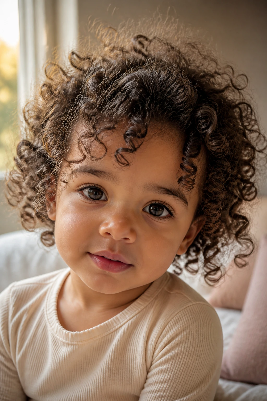 Close-up of a real toddler's little curls in warm window light