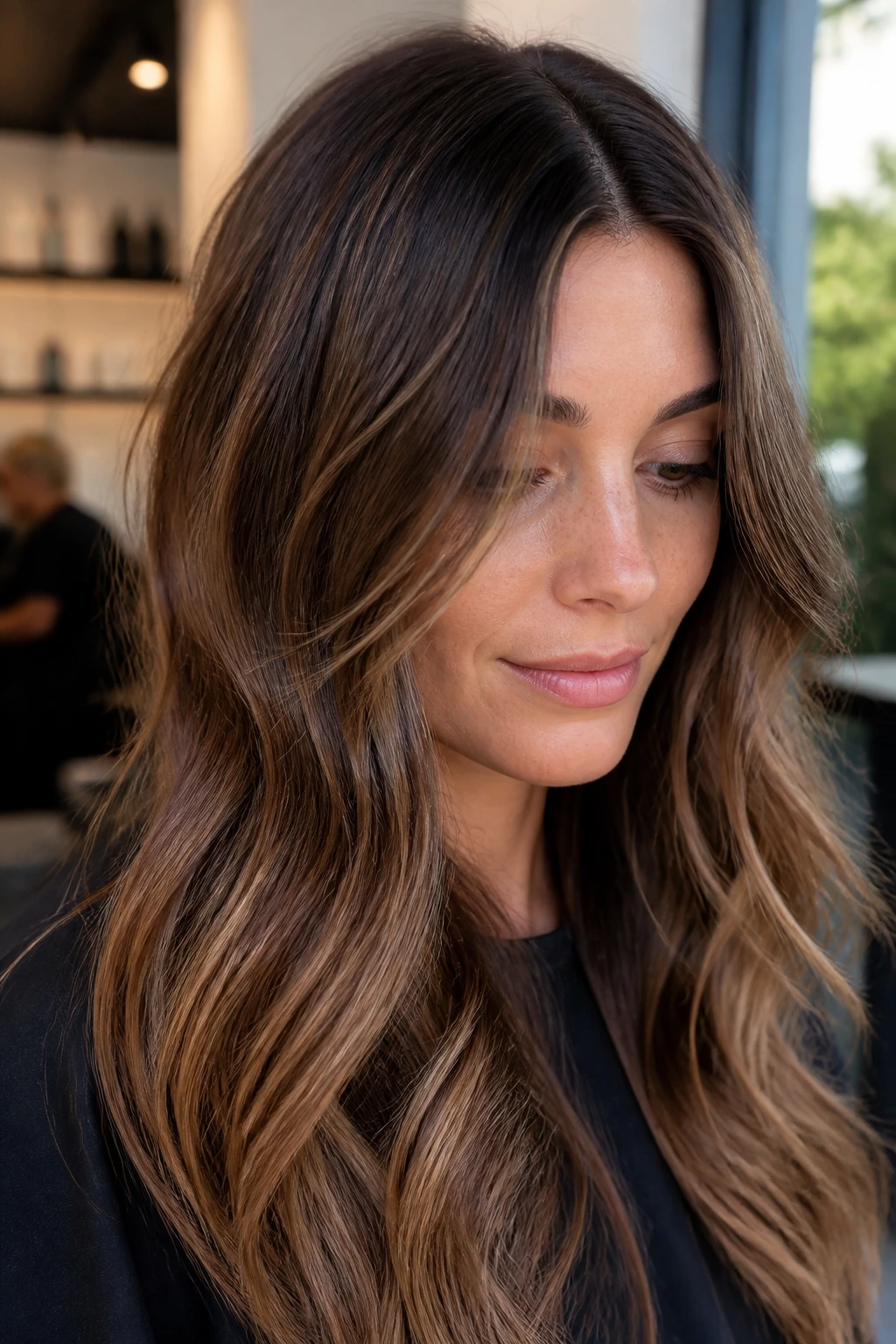Portrait of a person with lived-in bronze babylights and a shadow root in a salon