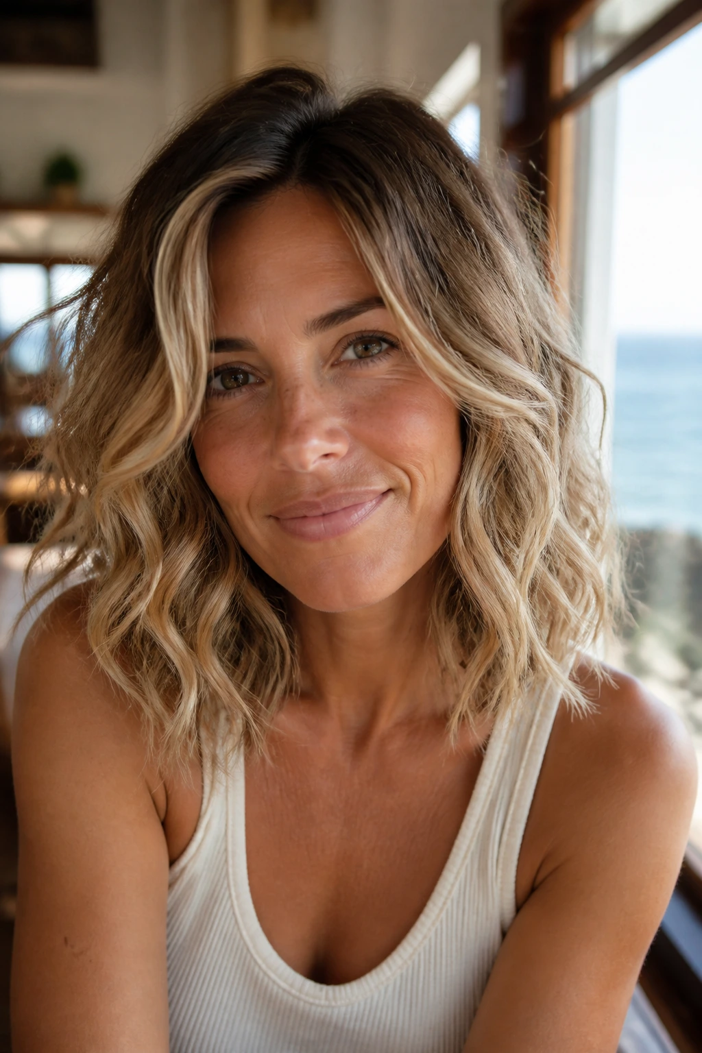 Close-up portrait of a real woman with Lived-In Beach Bob and root shadow by a cafe window