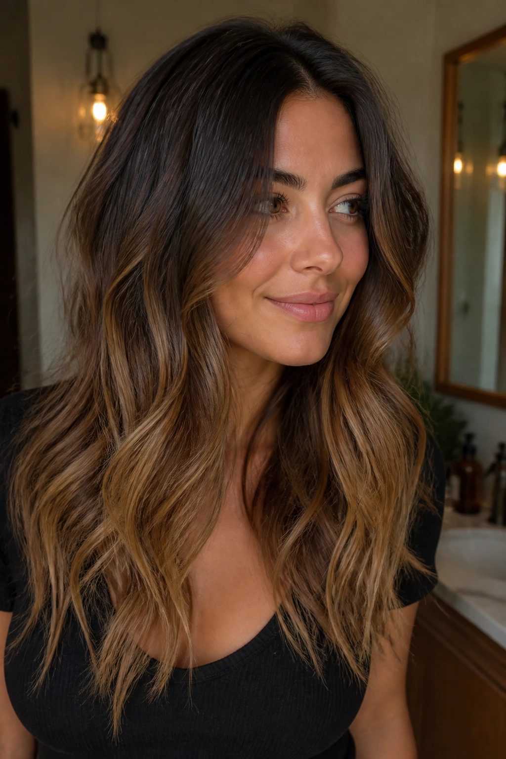 Close-up of a real woman with deep brunette base and caramel bronde ends in warm light