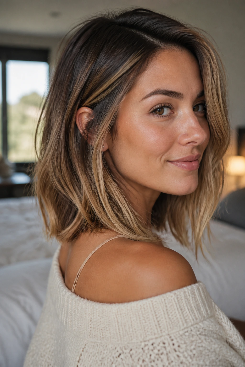 Close-up portrait of a real woman with a shoulder-length lived-in caramel lob balayage in warm window light