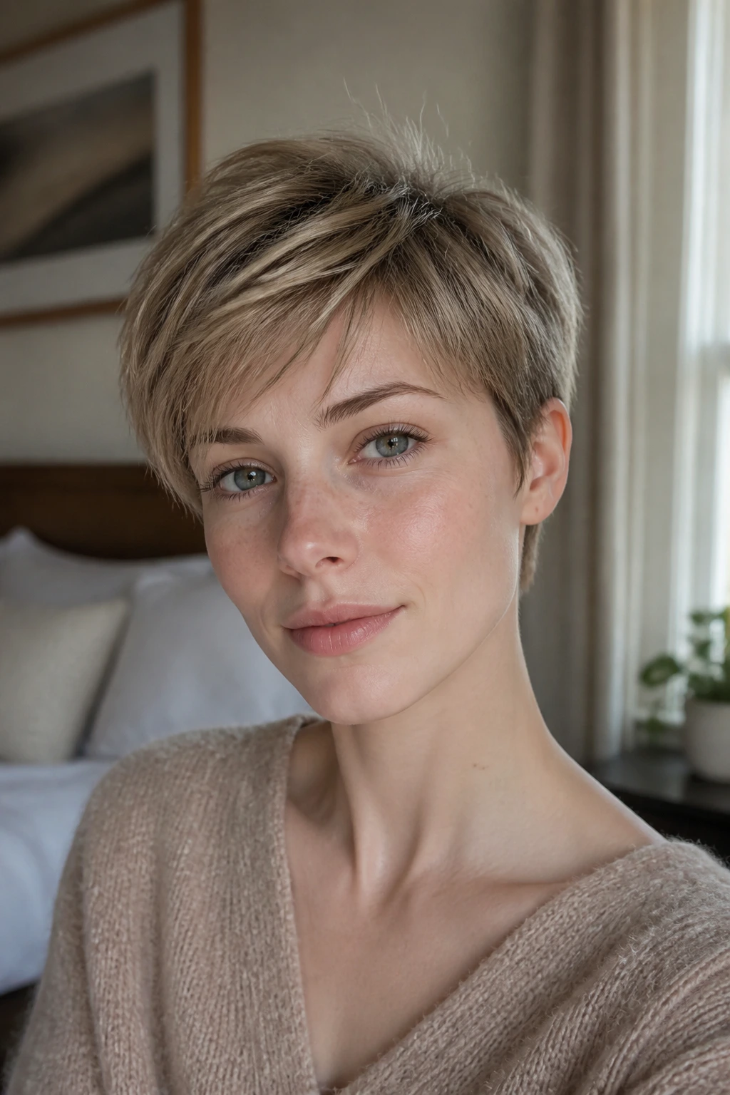 Close-up portrait of a real woman with Lived-In Dark Blonde Pixie in natural daylight