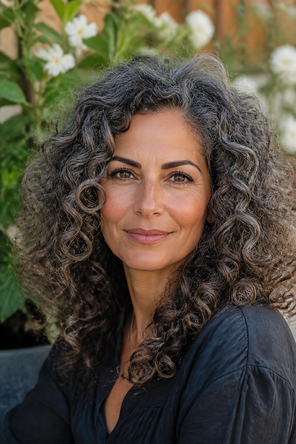 Close-up portrait of a real woman with grey balayage on dense curls and olive skin in natural light