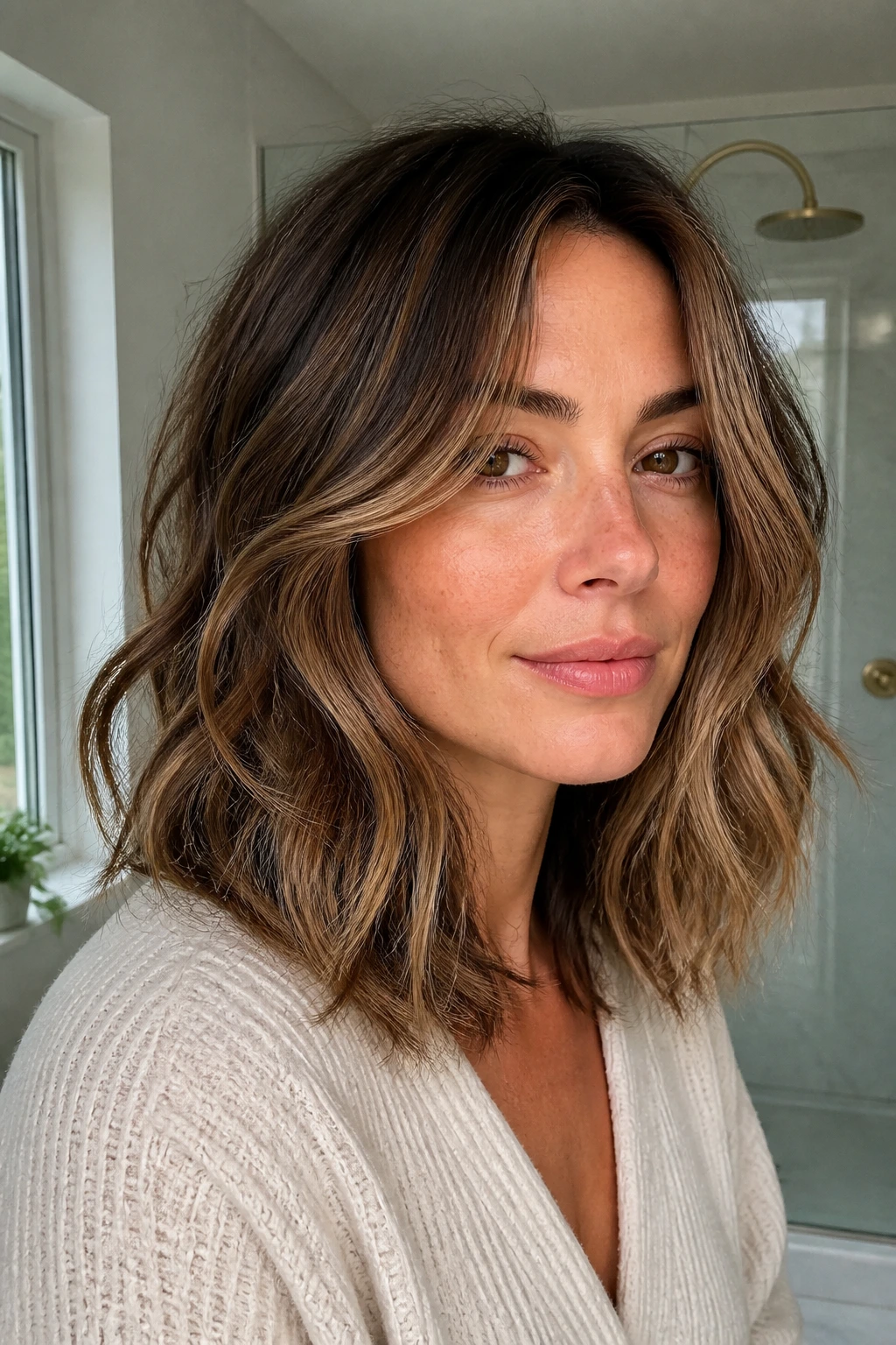 Close-up portrait of a real person with medium-length wavy hair and soft face-framing layers.