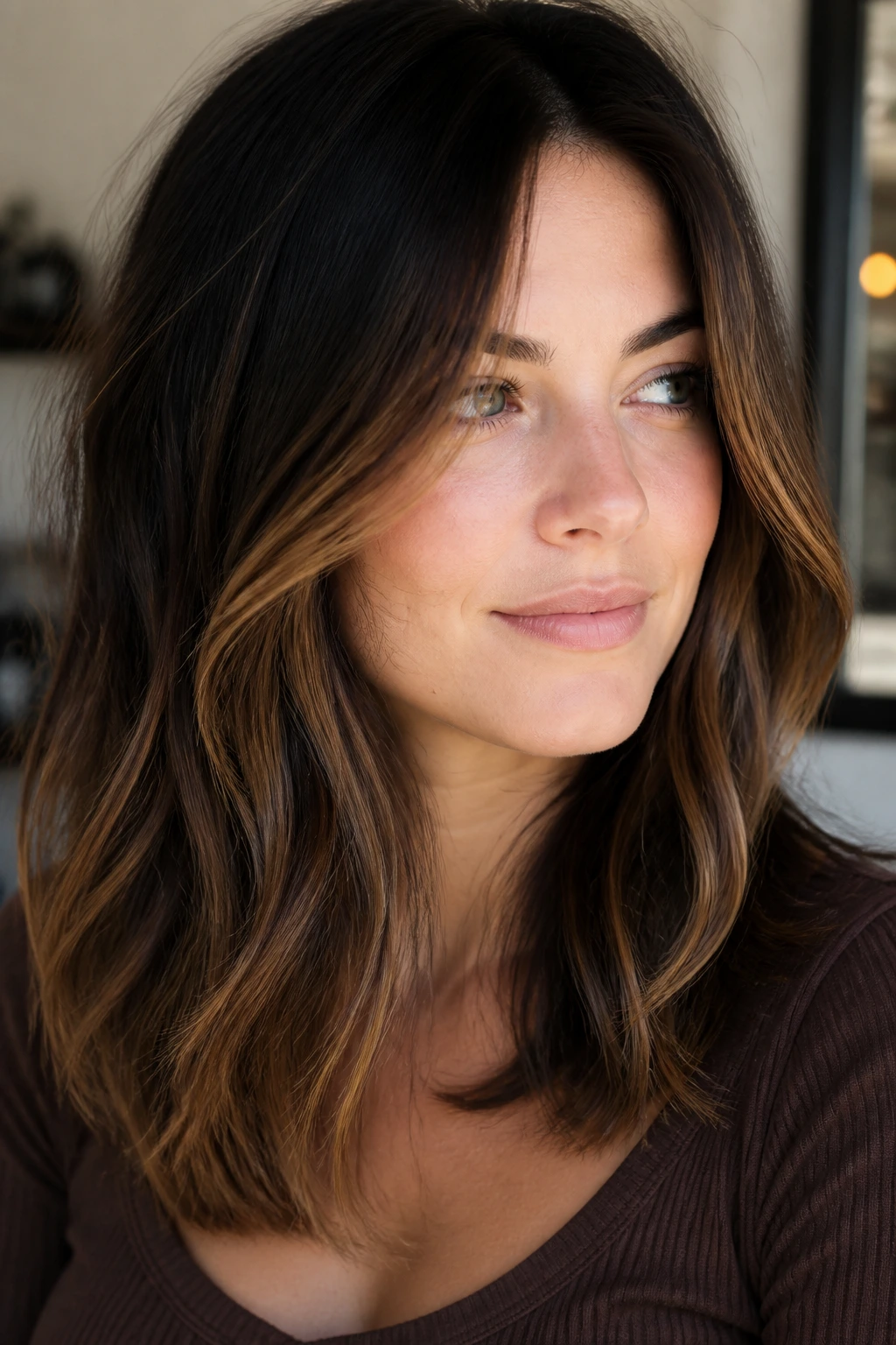 Midlength layers with brunette crown and lighter lower ribbons