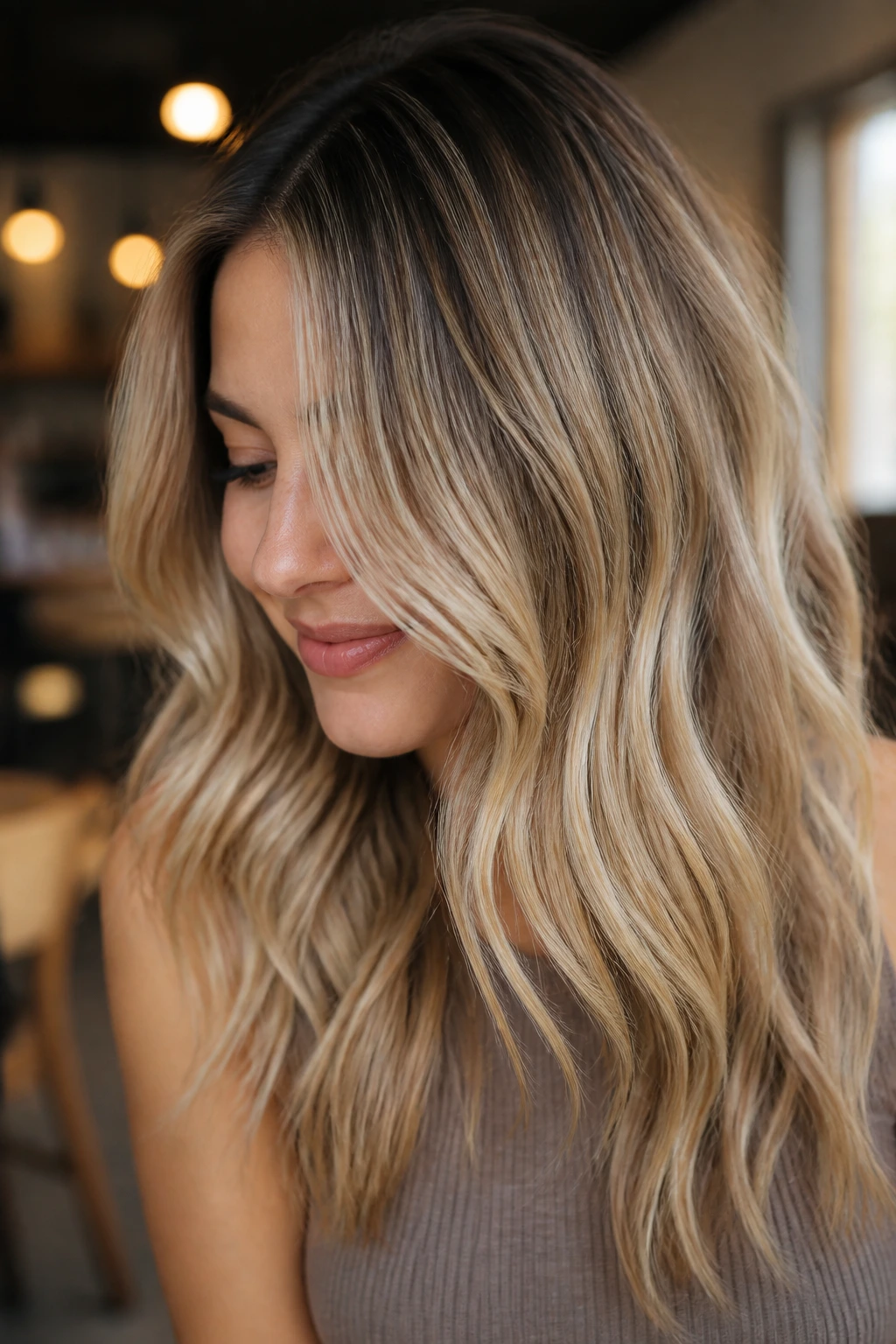 Close-up of a real woman with dark roots blending into blonde lengths for a lived-in look