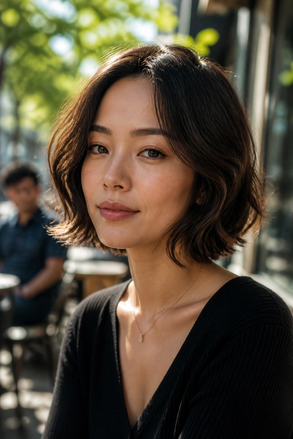 Close-up portrait of a real woman with loose waves starting below the temples along the jaw.