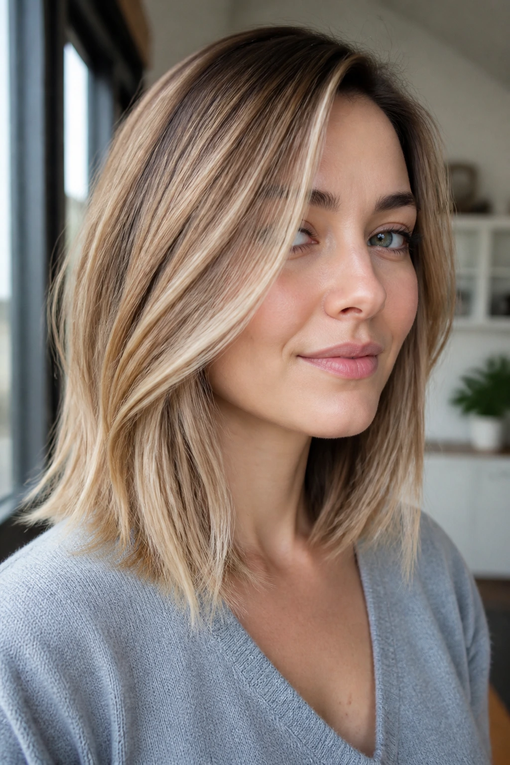 Medium close-up of lob-length hair with diagonal sunlit blonde sweep on cool skin