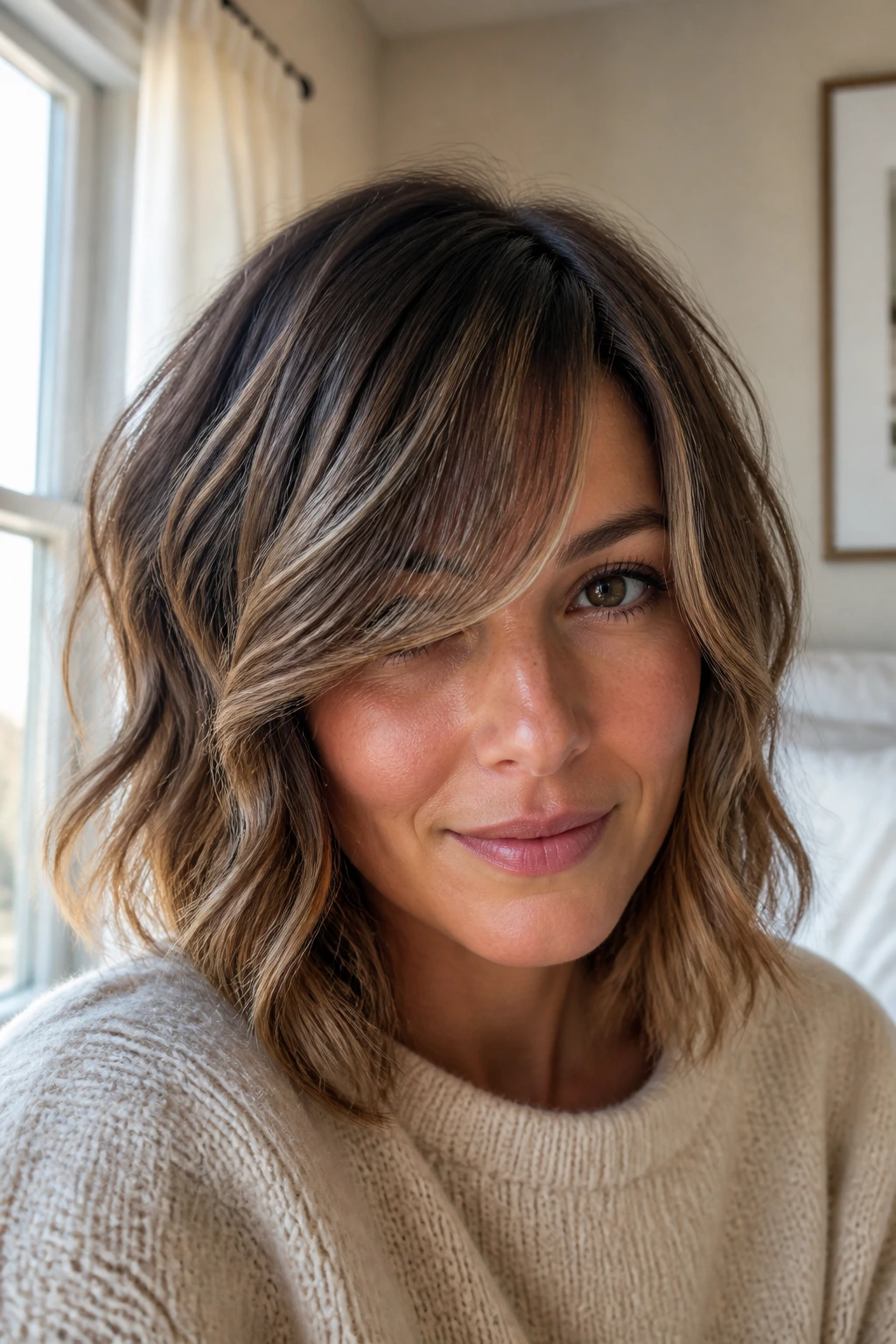 Close-up portrait of real woman with tousled lob and side-swept bangs, babylights and dark crown roots
