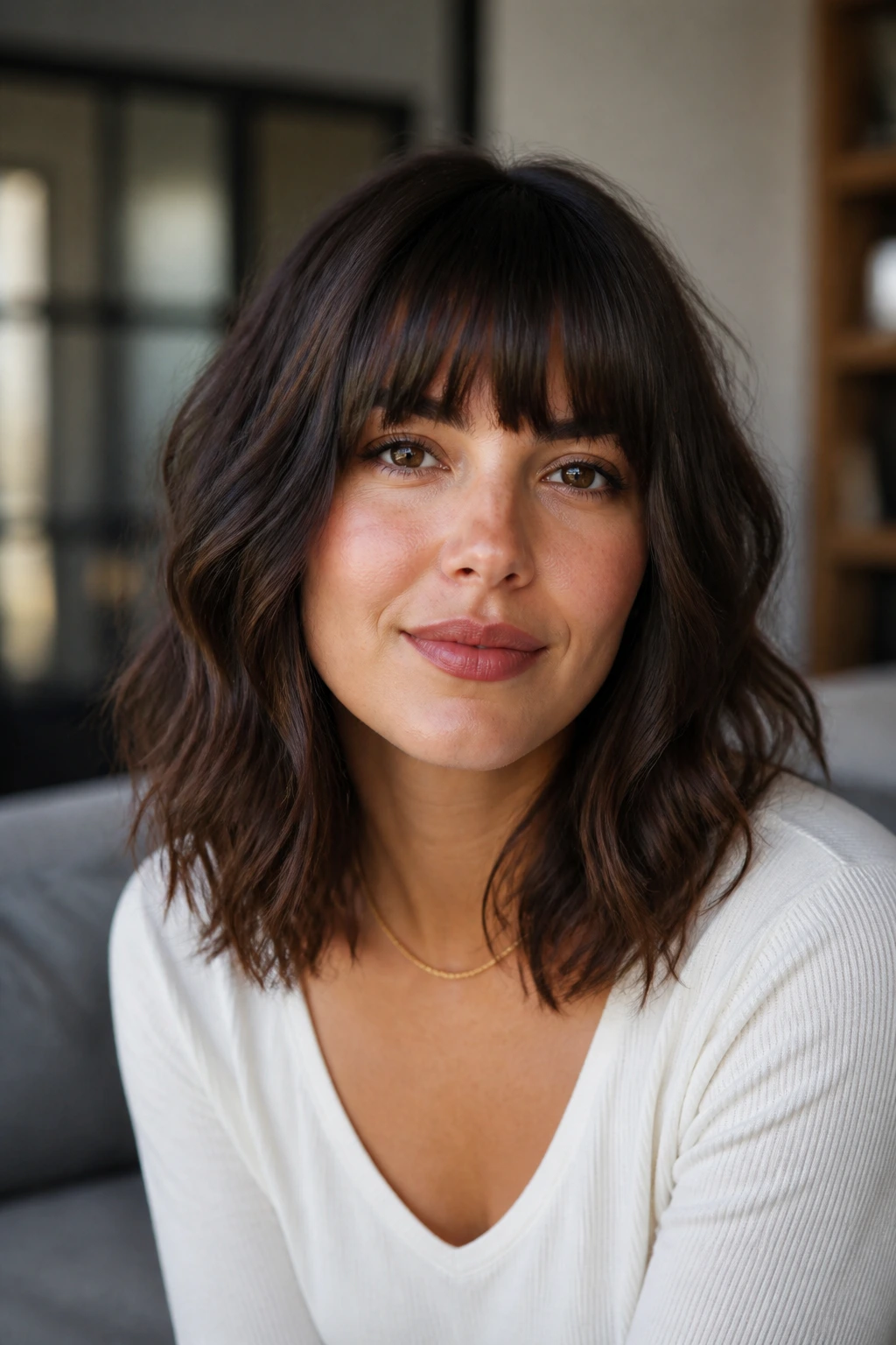 Close-up of a real woman with mid-length lob and brow-skimming bangs