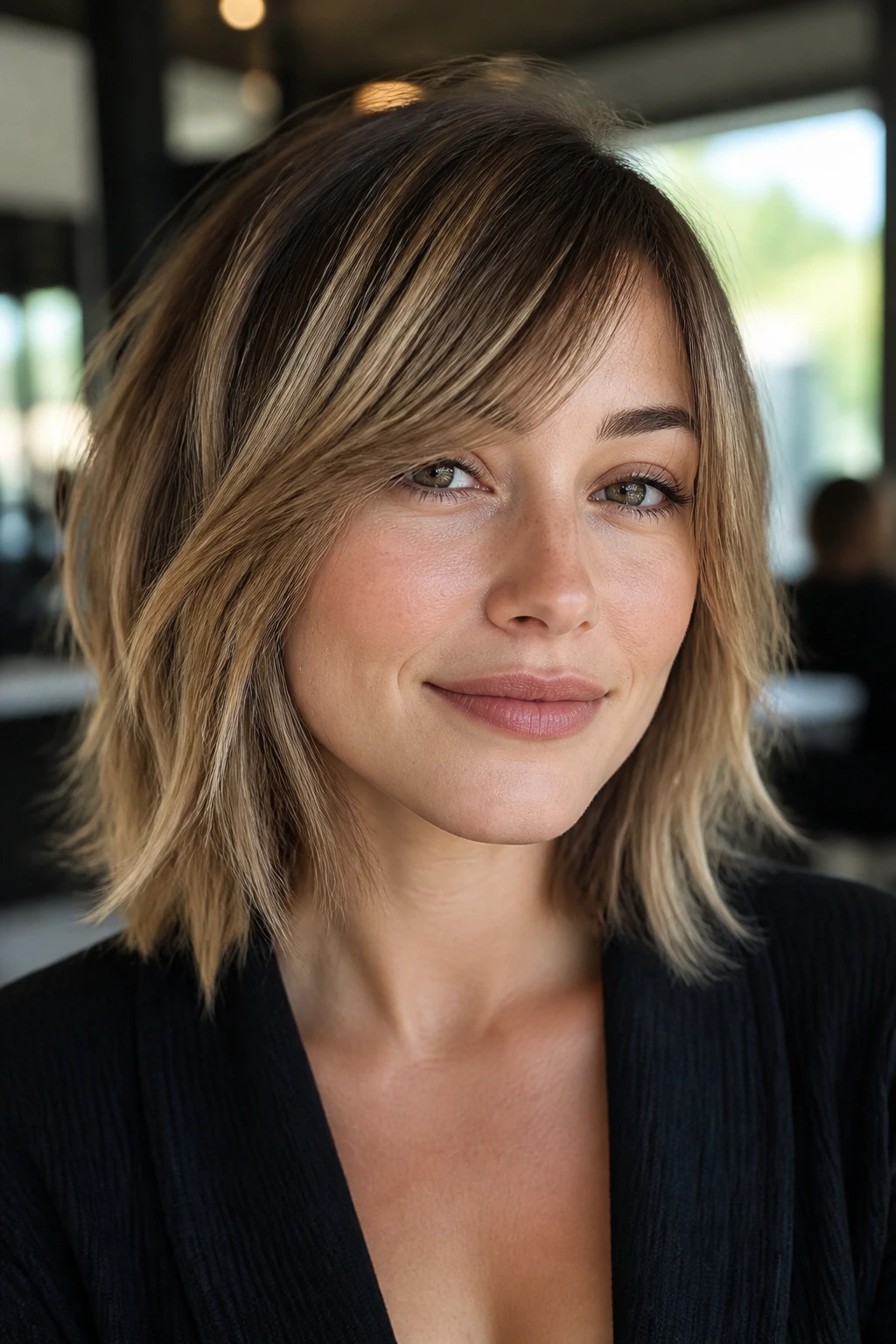 Close-up portrait of a woman with a soft lob and side-swept bangs in a bright salon