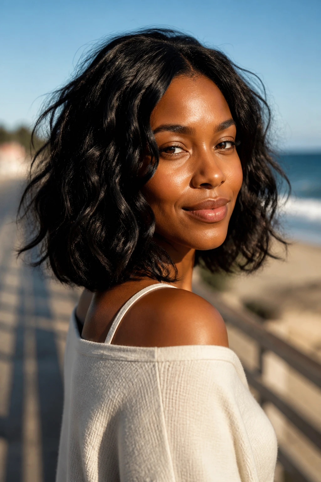 Close-up portrait of a real woman with shoulder-grazing lob and beachy bends