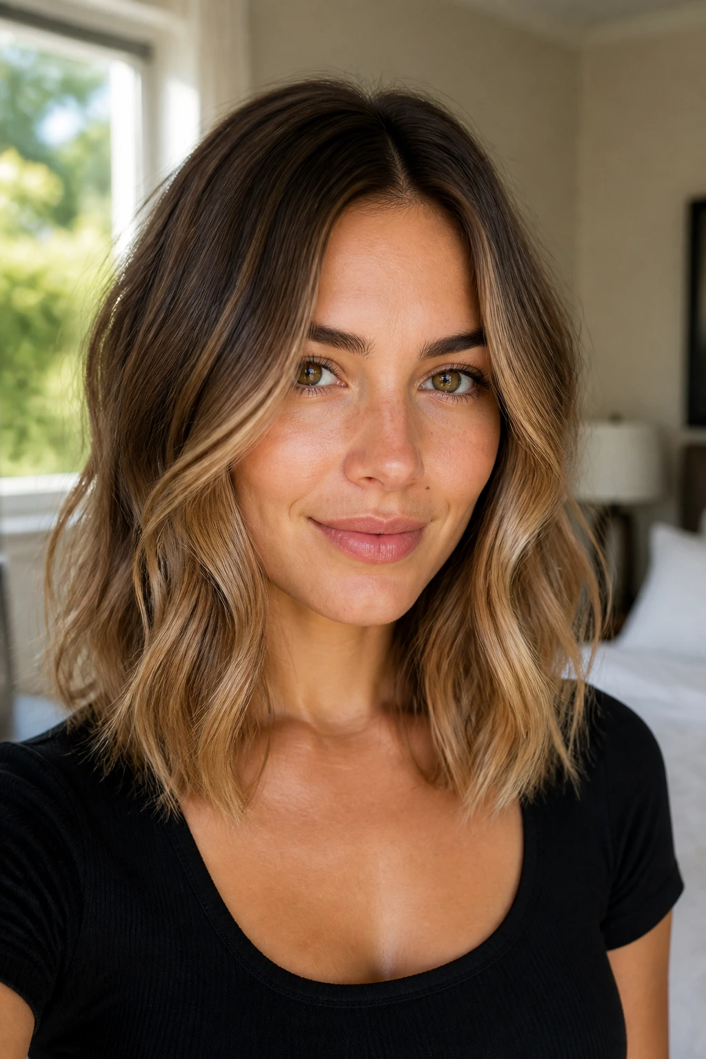 Close-up of a real woman's smooth-rooted lob with wavy ends filling the frame