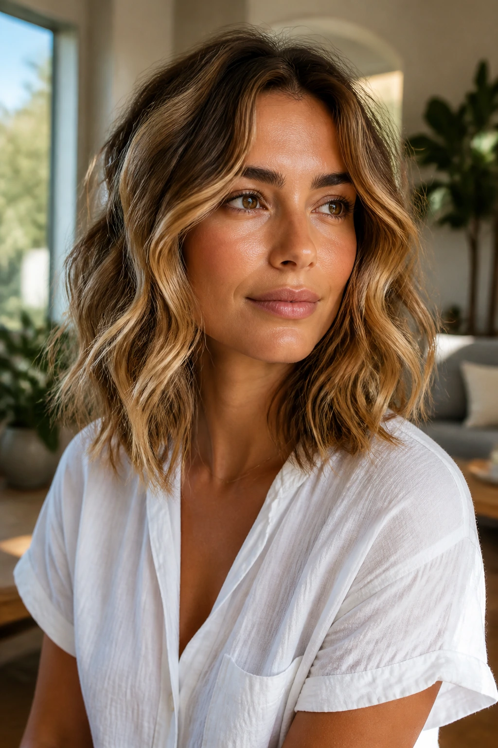 Portrait of woman with a textured lob and beachy waves