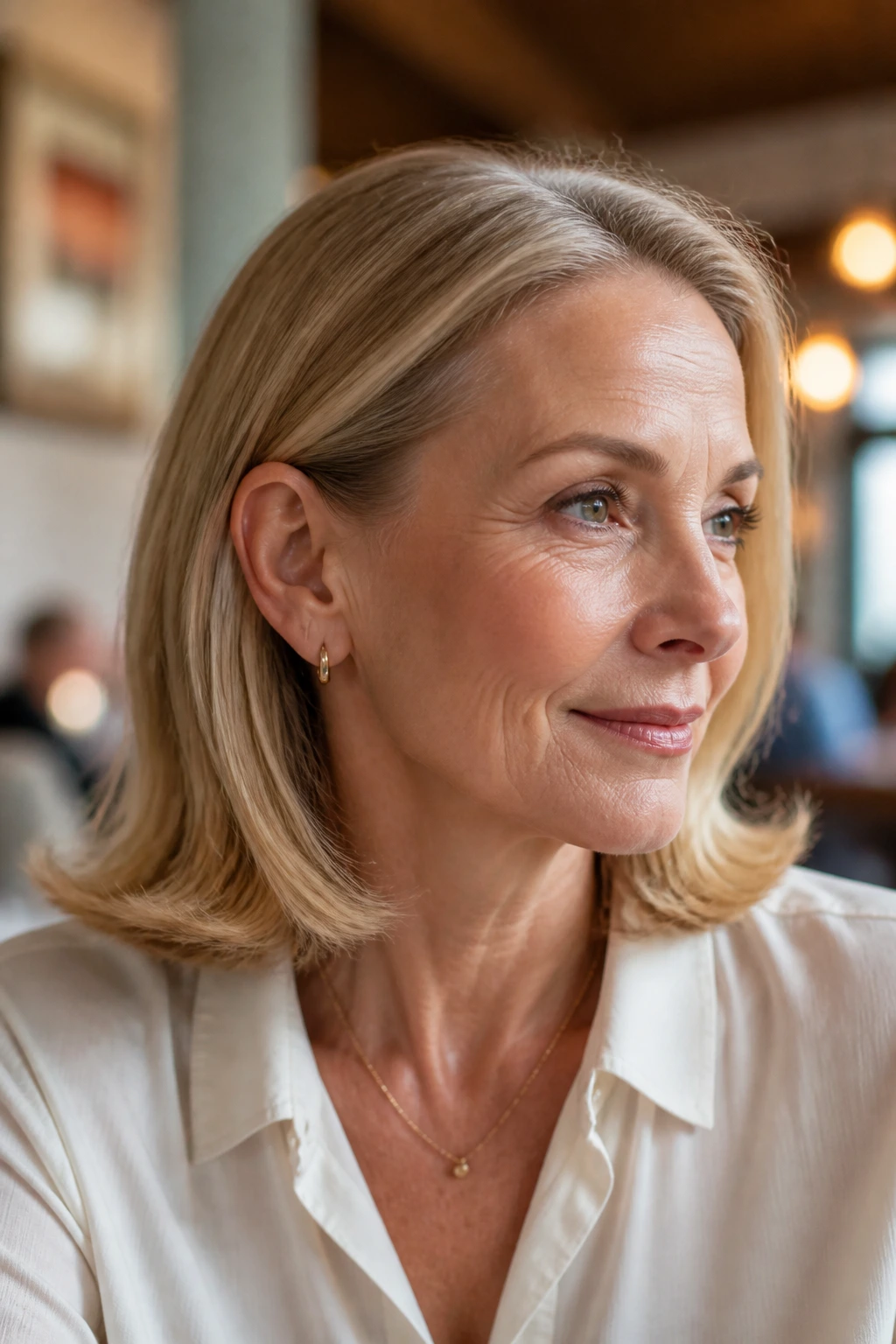Real woman with lob tucked behind ears showing soft mid-length bend and flipped ends