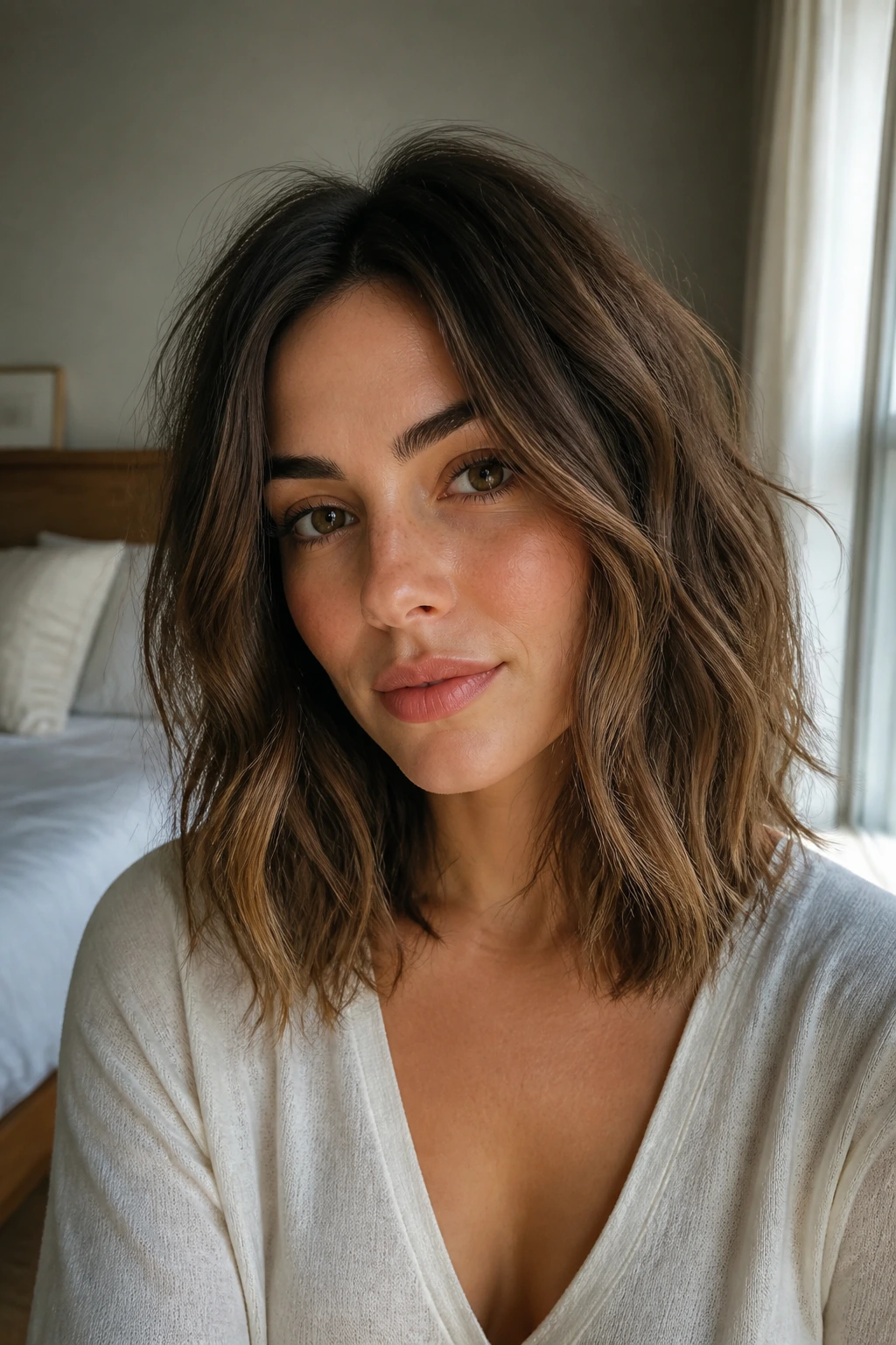 Woman with lob kept between trims in soft morning light
