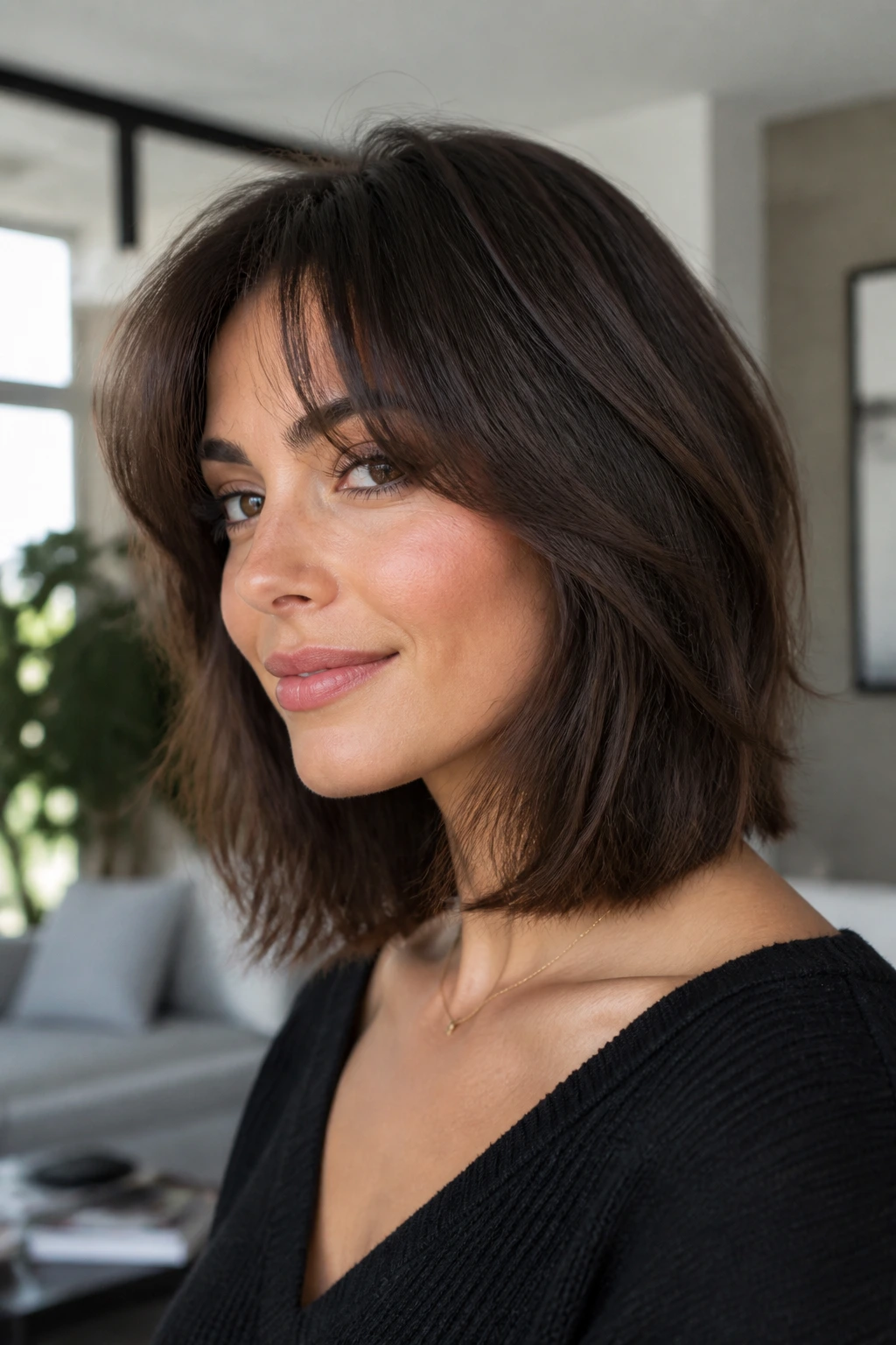 Head-and-shoulders portrait of a real woman with lob-length hair and seamless fringe blend
