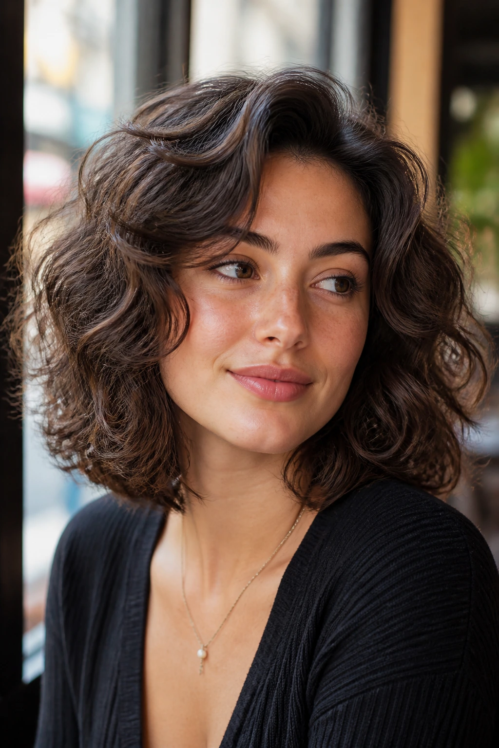 Close-up of a real woman with lob-length bob and flip-away bangs in cafe window light