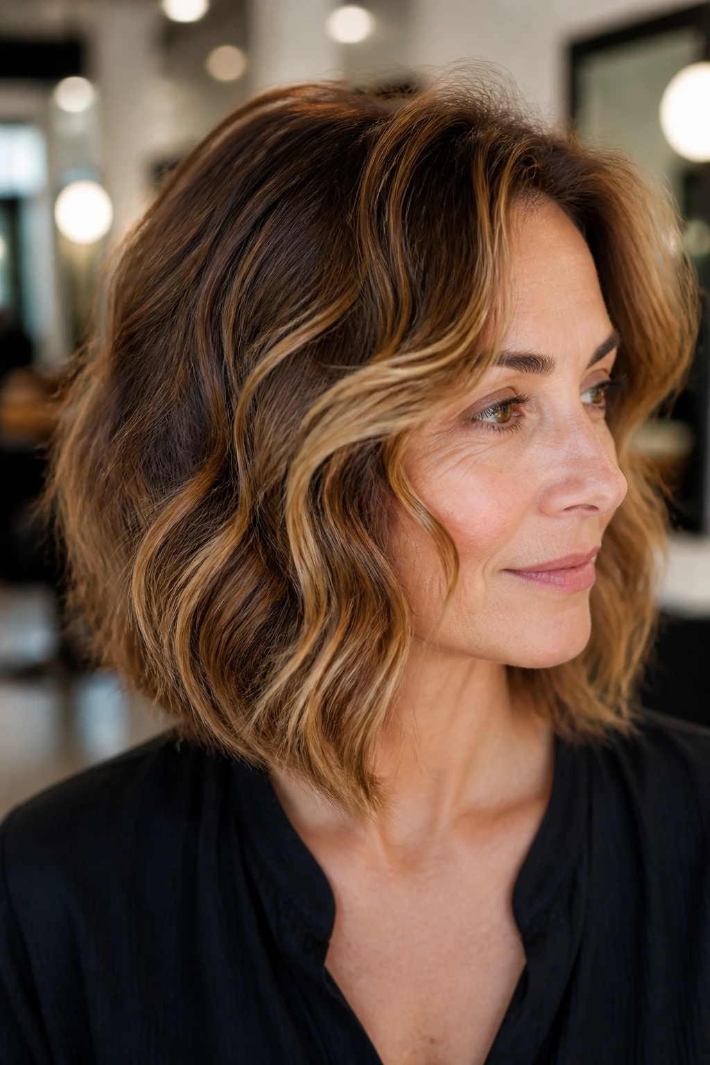 Close-up of a real person with a defined lob/bob silhouette and caramel highlights