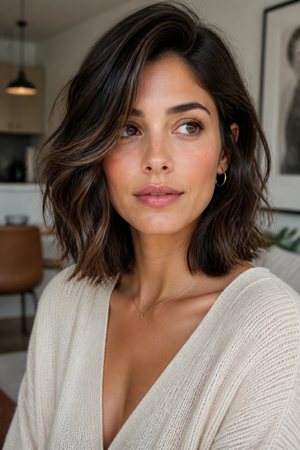 Real woman with collarbone-length lob showing a chic variation