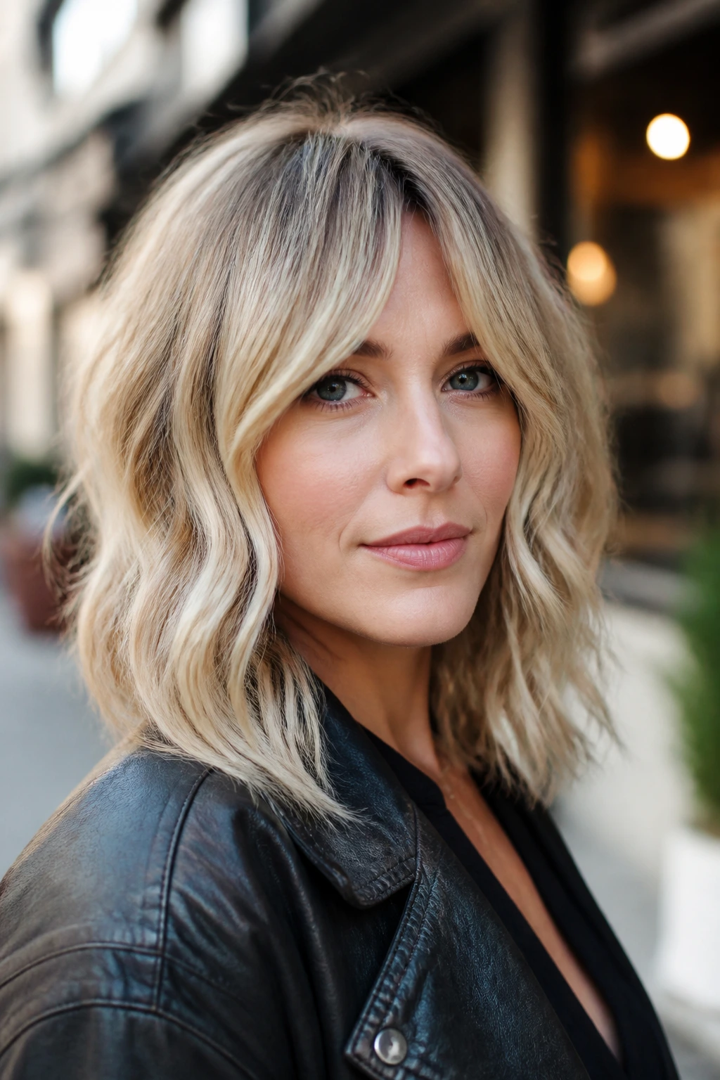 Close-up real woman with Lob and Bottleneck Bangs in shoulder-length lob