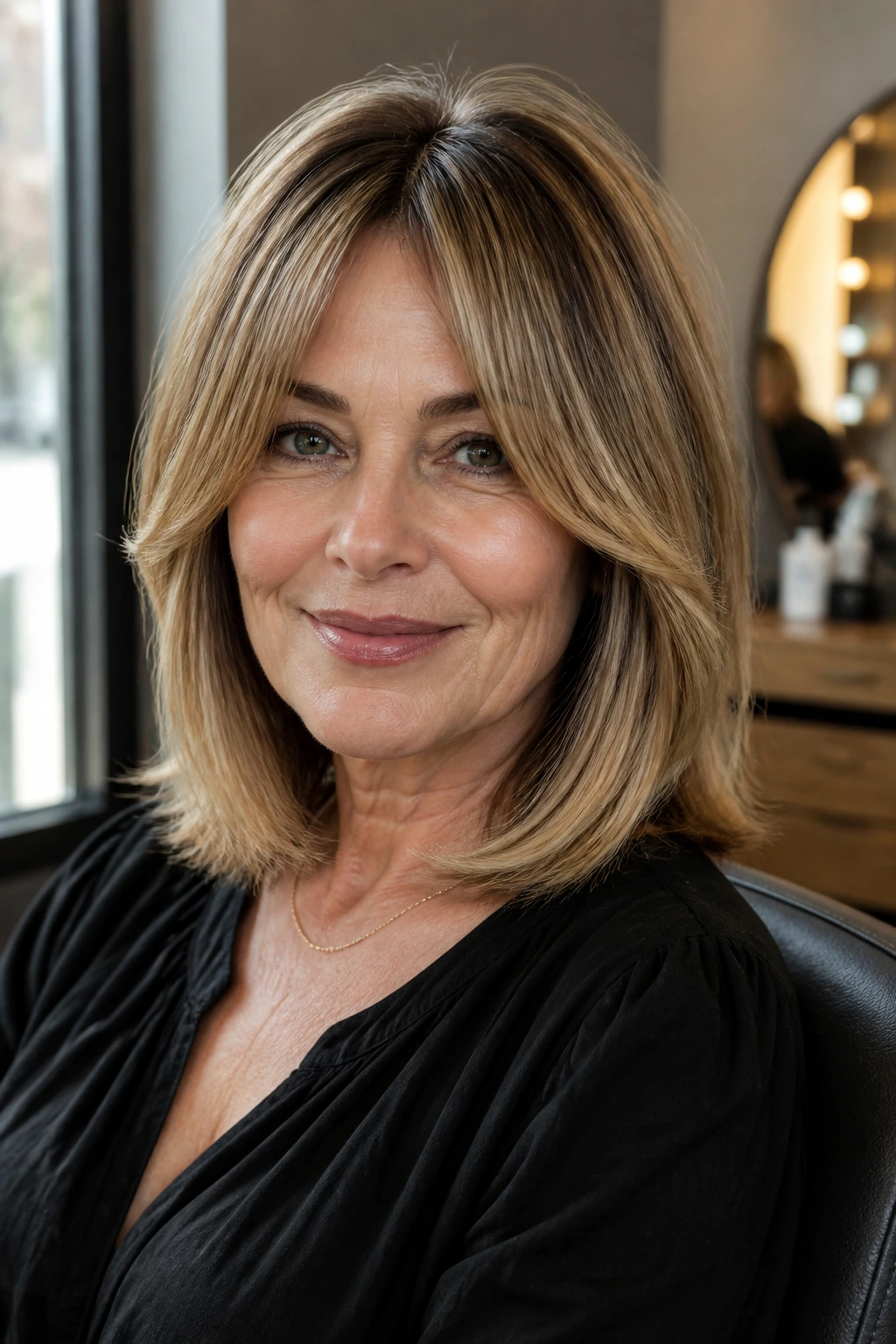 Close-up portrait of a real woman in her 50s with lob and bottleneck curtain bangs.