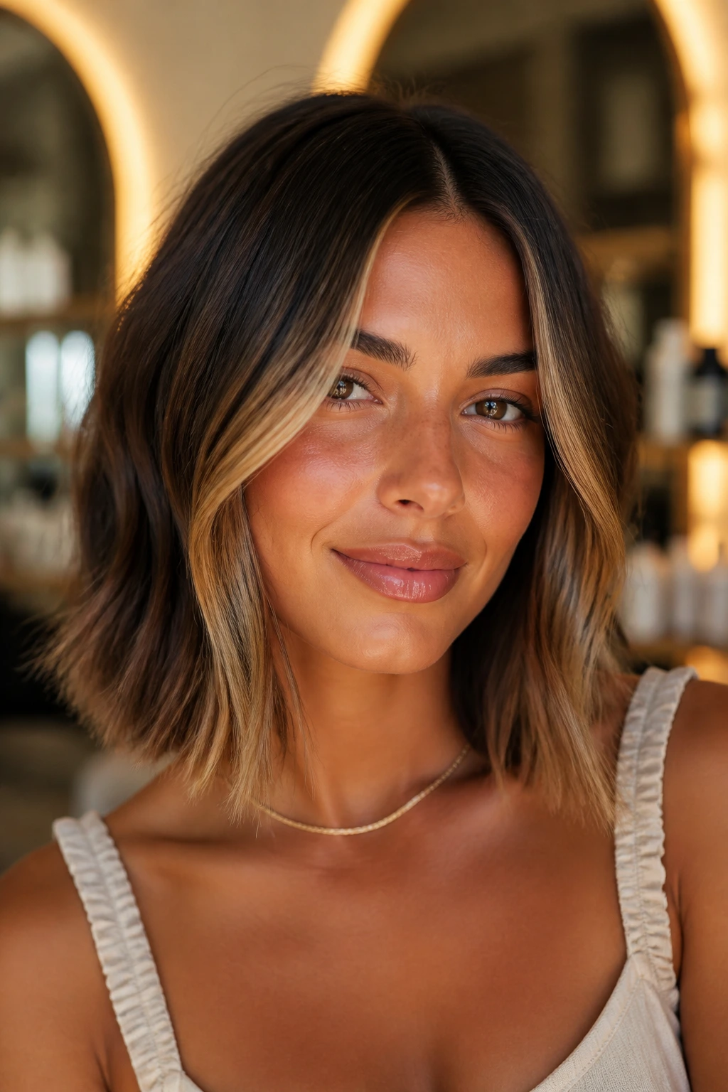 Portrait of a real person with a caramel money-piece lob and highlighted front pieces