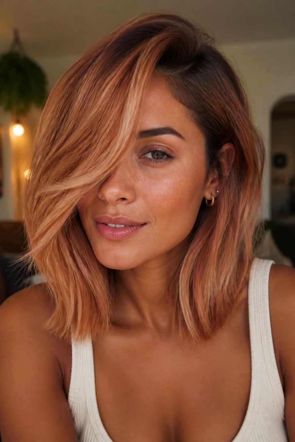 Side-swept lob showing cinnamon shadow root on warm-toned skin.