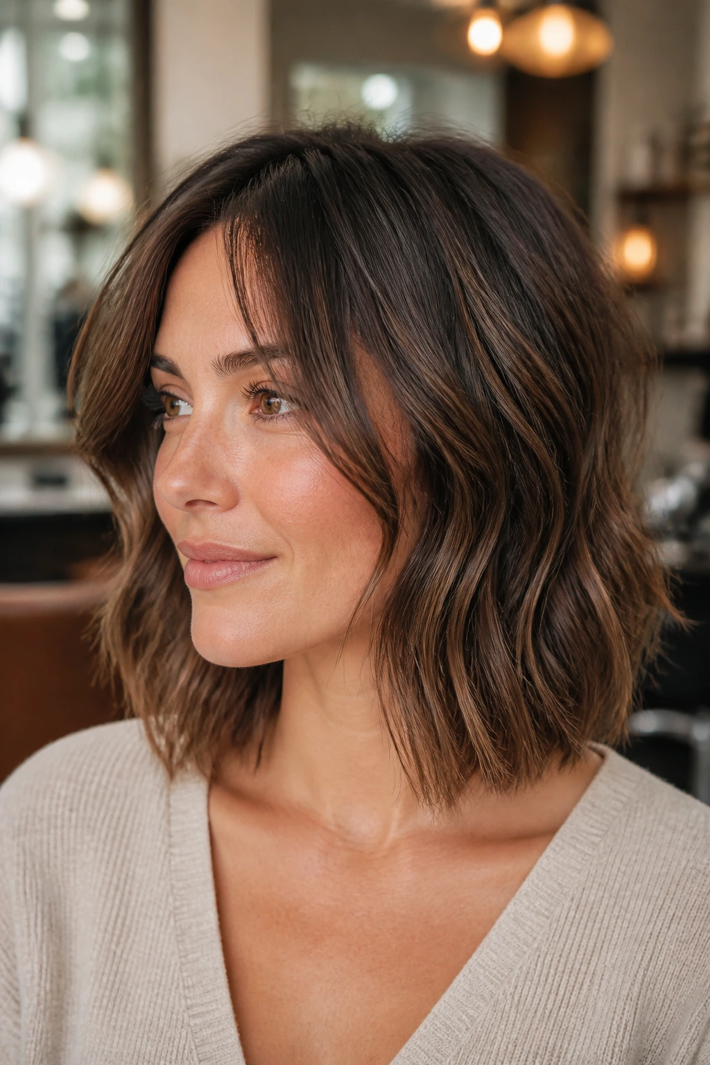 Close-up portrait of a real woman with a collarbone-length lob and face-framing pieces in warm salon lighting