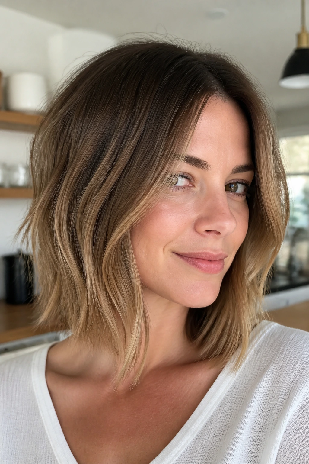 Close-up of a person with a crisp collarbone-length lob displaying strong shape
