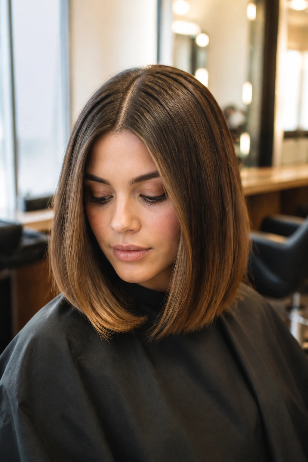 Portrait of real woman in salon chair, showing part and length for a lob consultation