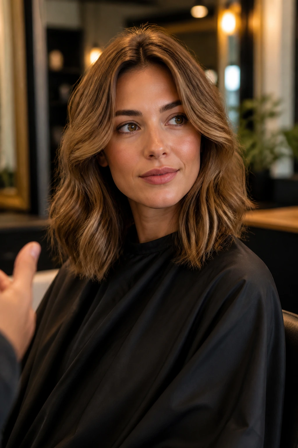 Portrait of a real woman in a salon chair planning a lob cut