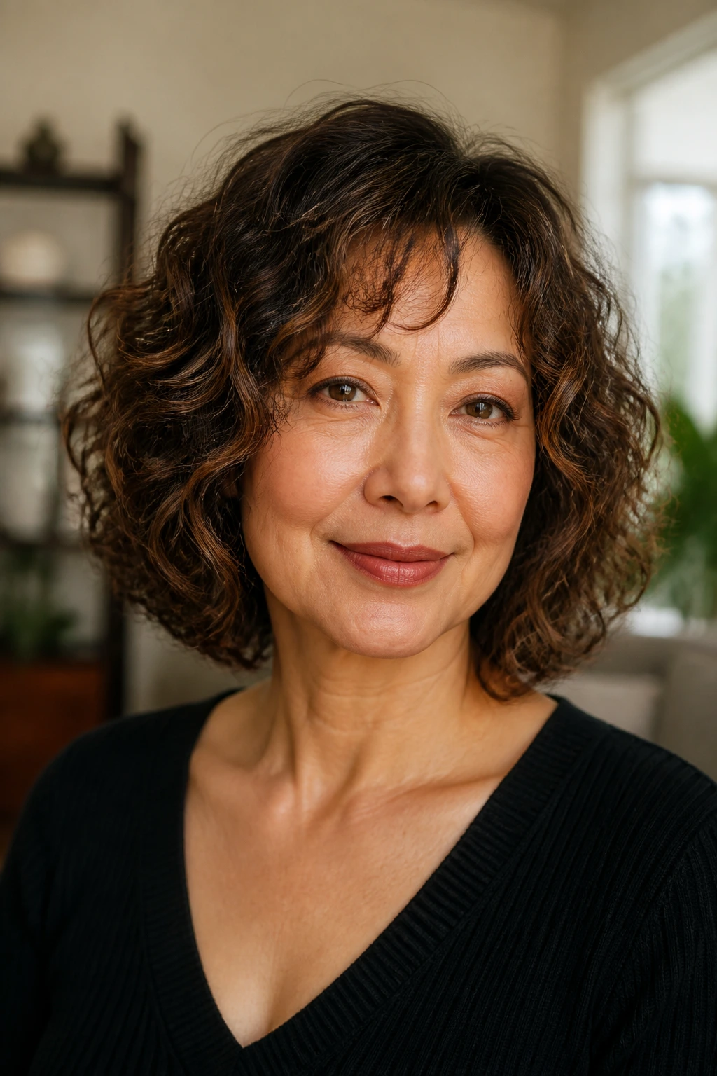 Medium close-up of a woman with a lob tailored to her curl pattern and face shape