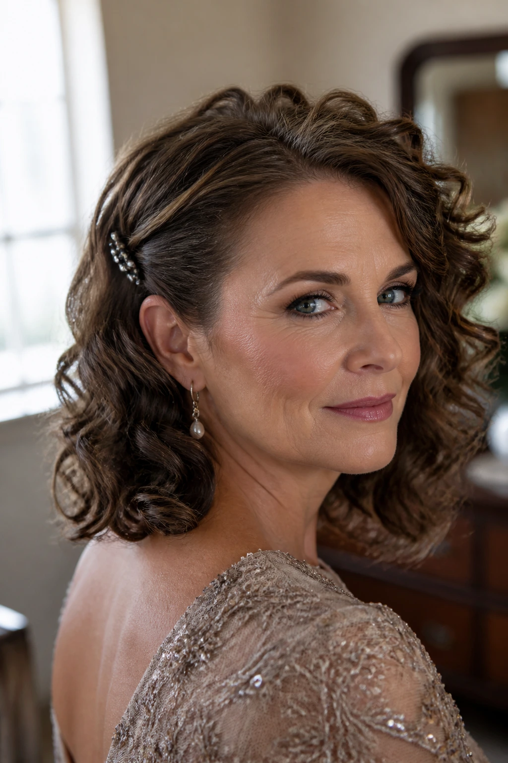 Close-up of a woman with lob with one-side tuck curls in a bridal dressing room