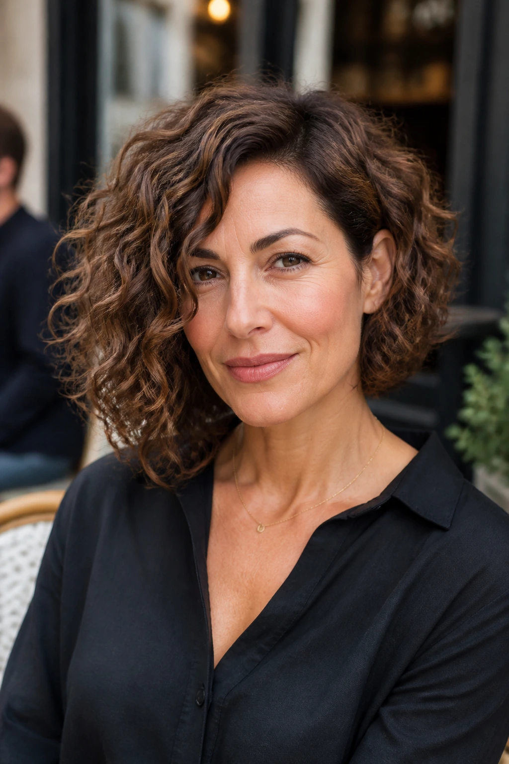 Close-up of real woman with asymmetrical curly lob and smoky brown lowlights.