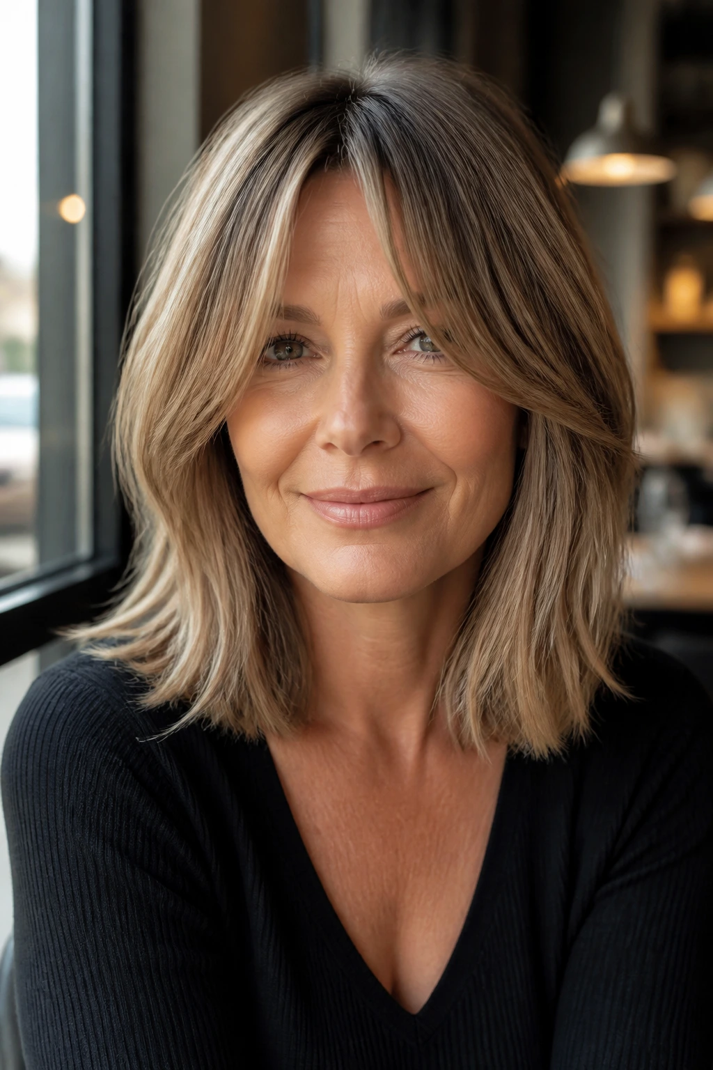 Close-up of a real woman with a grown-out lob and curtain bangs