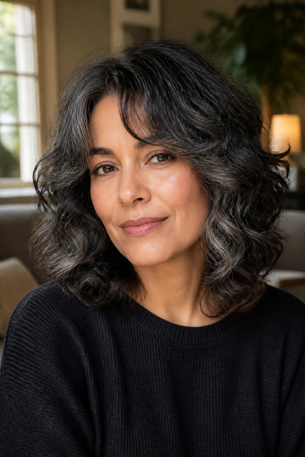Close-up portrait of layered lob with curtain bangs showing soft gray curls blending