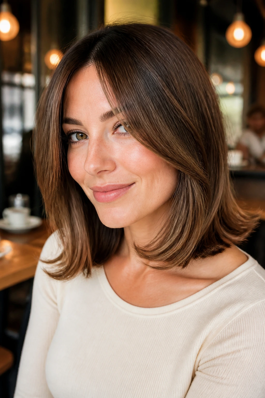 Close-up of a real person with cuffed-end lob and long curtain bangs in a cafe setting