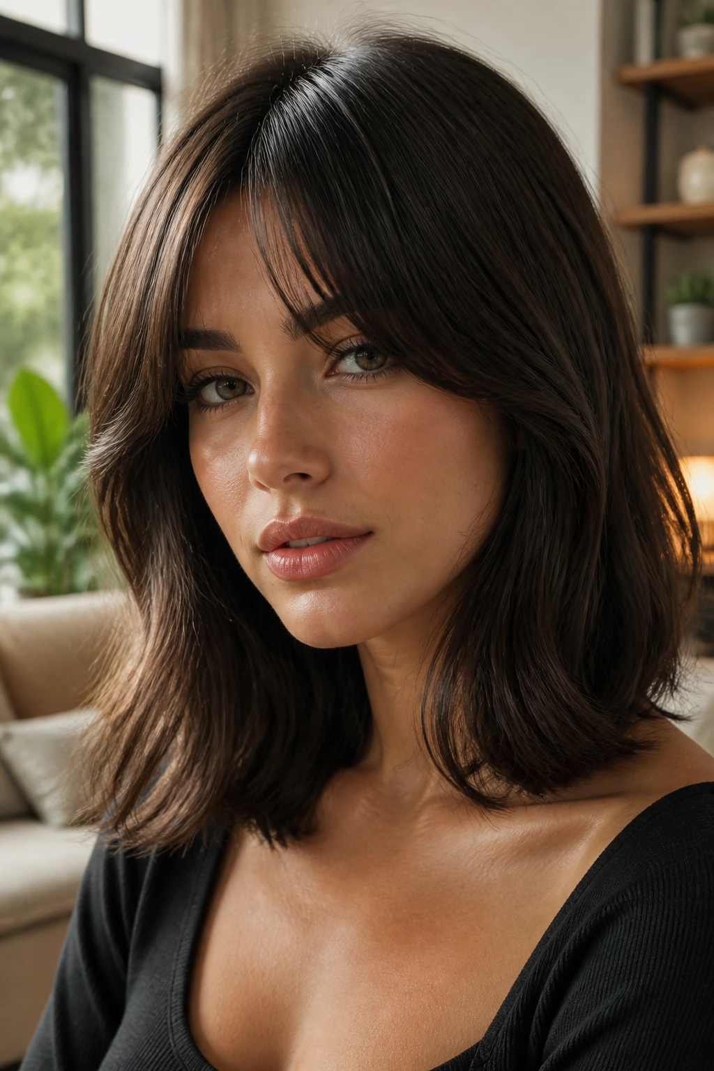 Close-up portrait of brunette woman with lob and curtain fringe