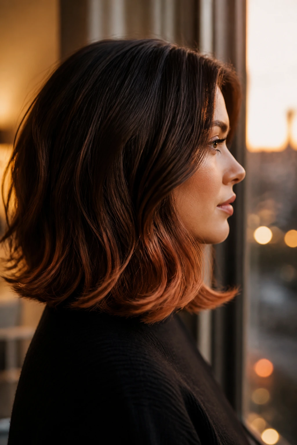 Profile portrait of a woman with a lob and honey-copper ends.