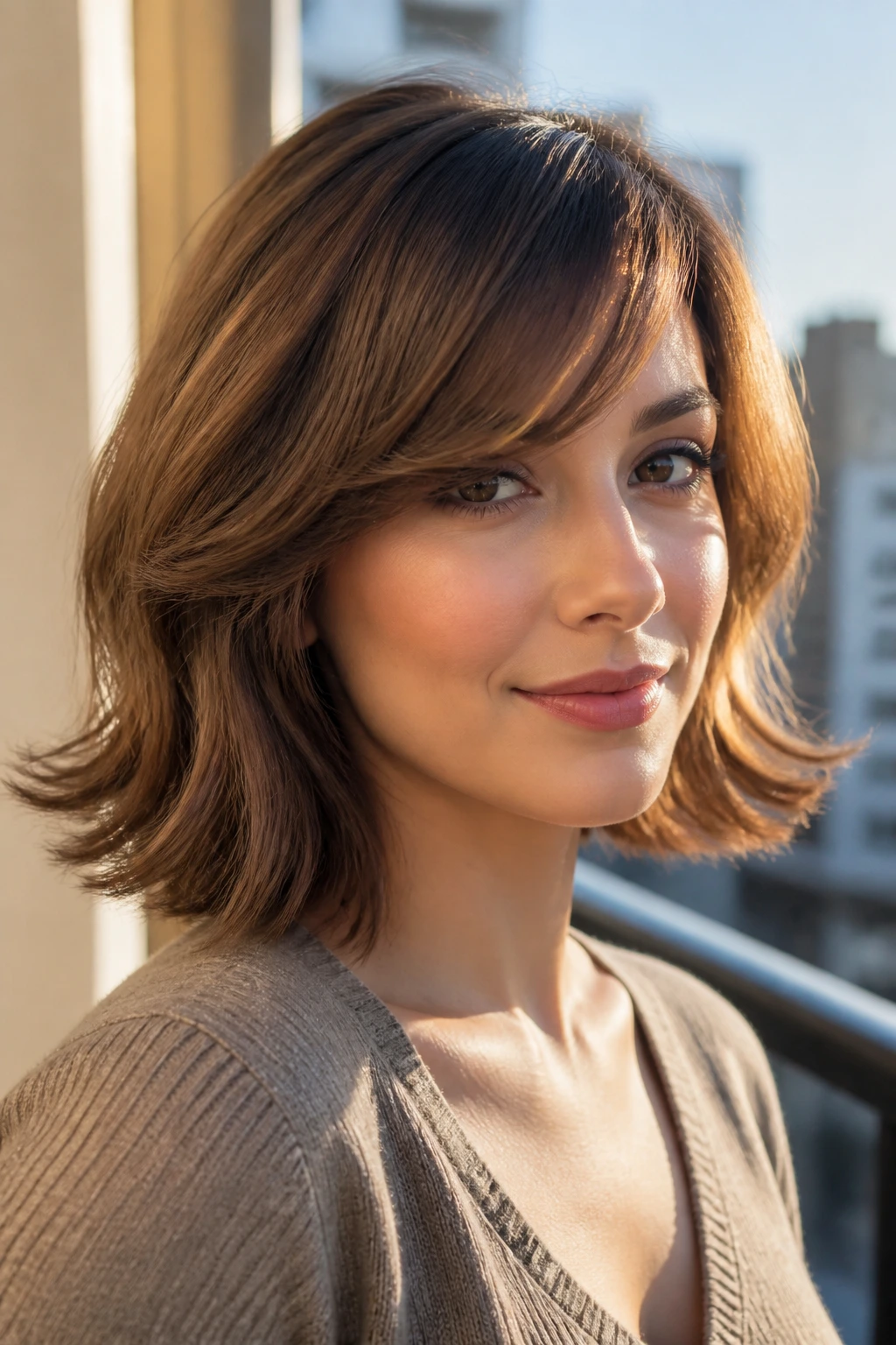 Real woman with a flipped-out lob and curved bangs.