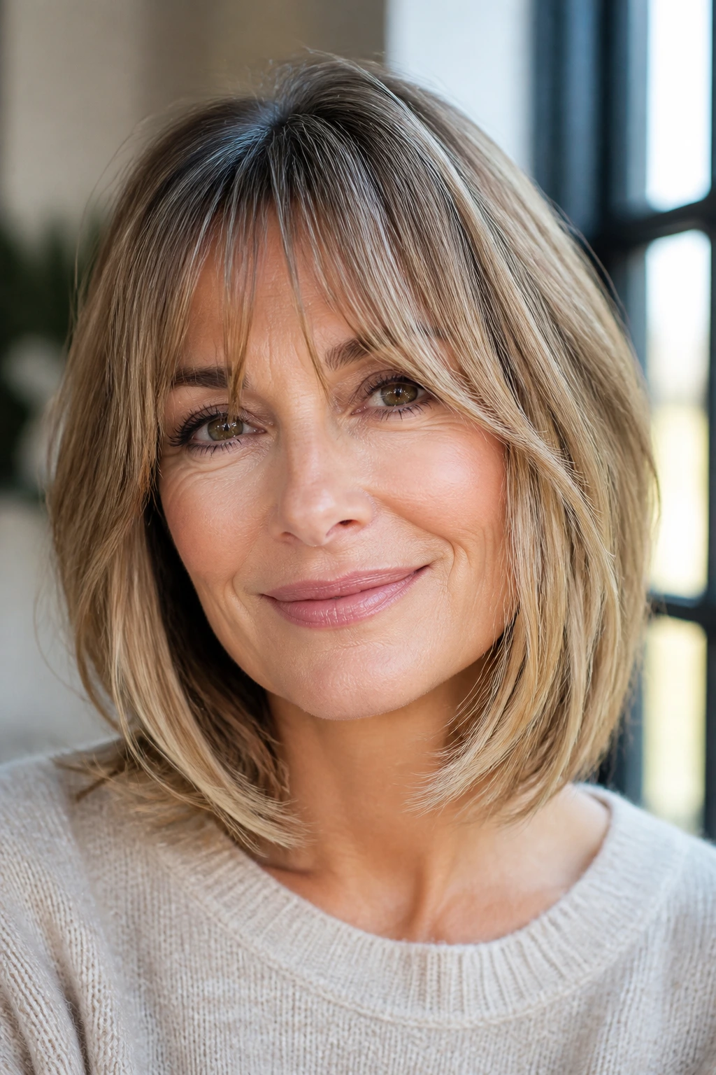 Portrait of a real woman with fringe-forward lob and soft curtain bangs.