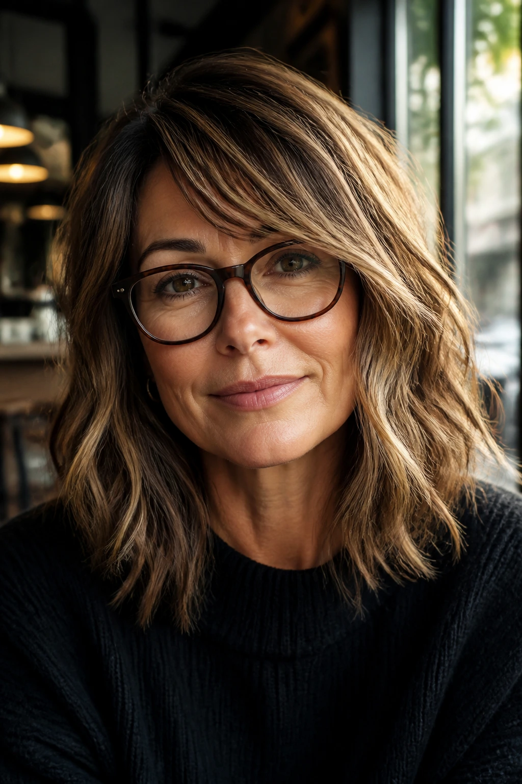 Close-up portrait of a real woman with a lob and long angled fringe, wearing glasses.