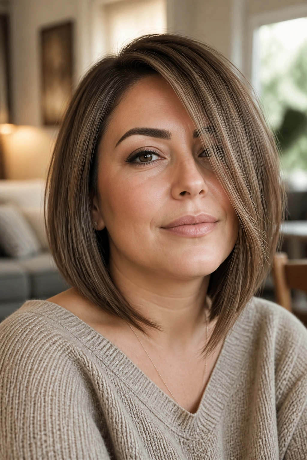 Close-up of a lob front layer starting at cheekbone with vertical sweep