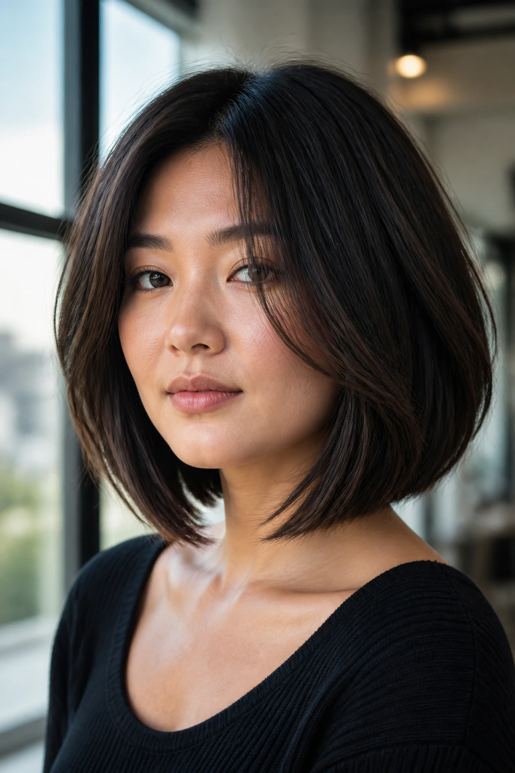 Close-up of a real woman showing lob geometry with low perimeter and collarbone drift