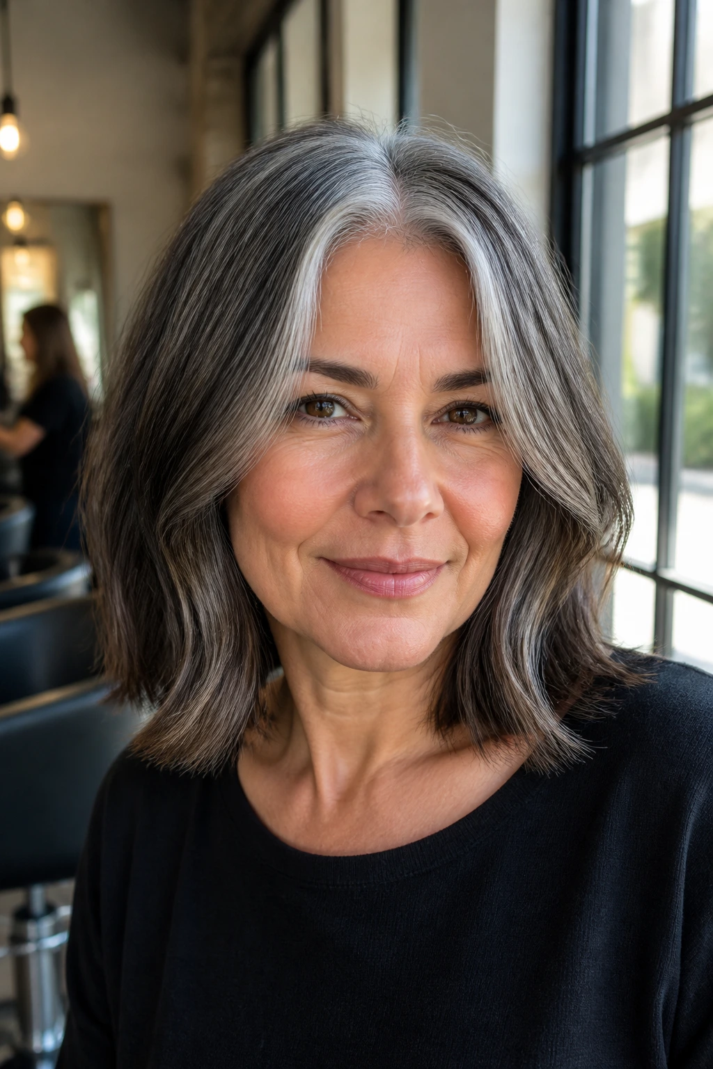 Portrait of woman with shoulder-skimming lob and soft center part showing gray roots blending with dark hair